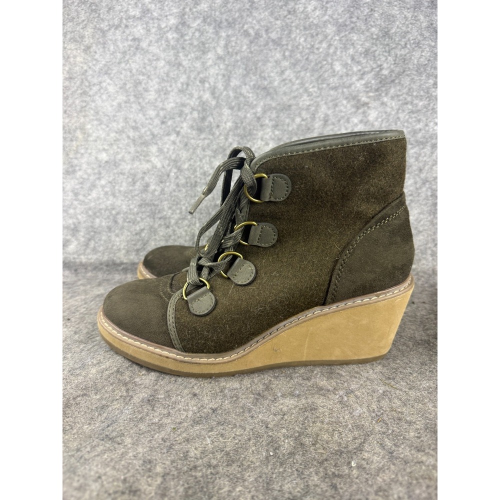Merona Wedge Heel Ankle Wedge Boots Size‎ 9 M Green Wool blend Lace Up - Picture 2 of 6
